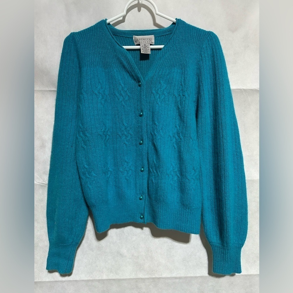 Vintage Lauren Cole Petites Blue Lambswool Cardigan Sweater P Small Pearl Button